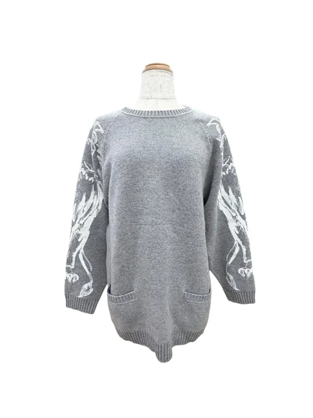 Chanel Cashmere Lion Crew Neck Long Sleeve Knit Sweater Gray 38